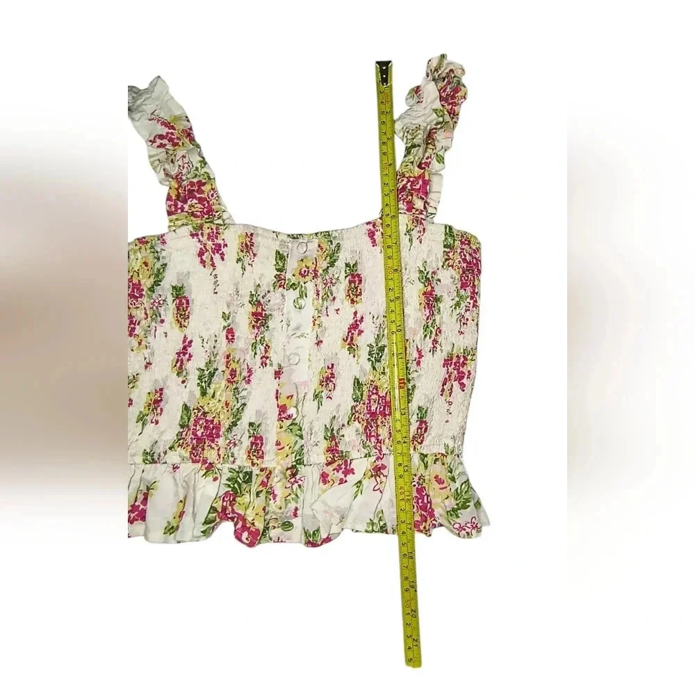 Lulus Blooming Views Beige Floral Ruffled Smock Linen/Cotton Tank Top, M, NWT - Picture 8 of 9